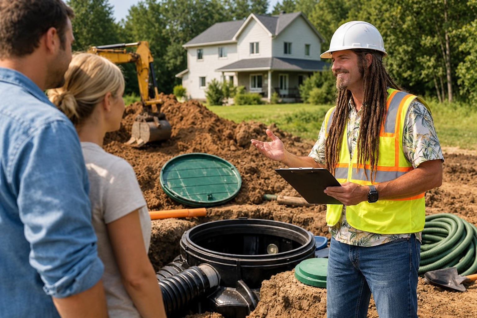 Licensed engineer with clipboard reviewing septic installation with homeowners at a residential construction site